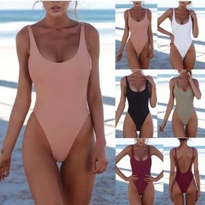 Womens Sexy Backless Plain Pink One Piece High Cut Swim Swimsuit Beachwear